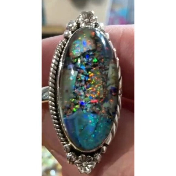 Galaxy Opal Sterling Silver Ring Size 8 Closed Back - Picture 1 of 7